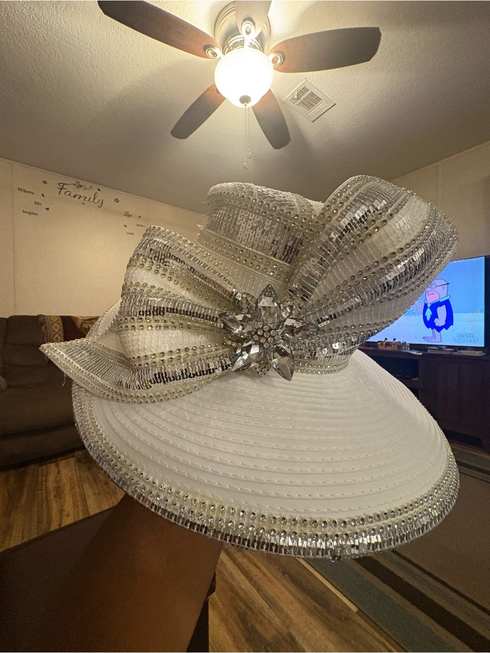 Women's White Dress Hat with Crystal Bow Accent